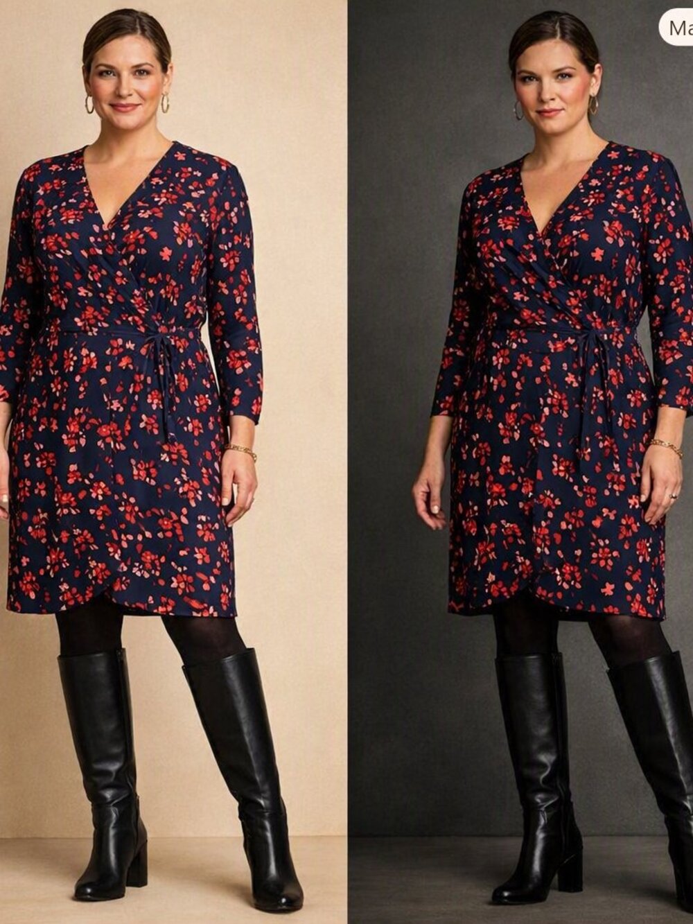 LOFT Navy and Red Floral Faux Wrap Long Sleeve Dress Size 16